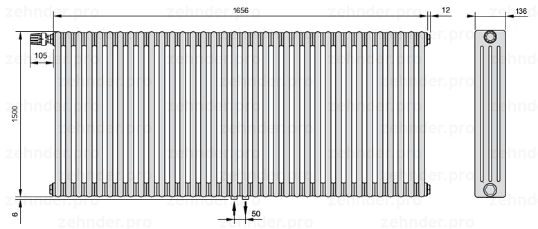 Схема (чертеж) Радиатор Zehnder Charleston 4150/36 №V007 Белый глянцевый RAL 9016